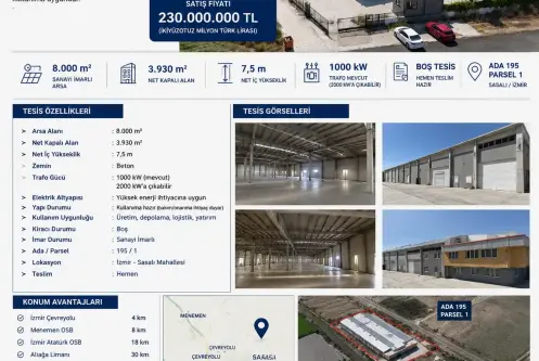 8 dönüm arsa içinde 4000 m2 kapalı alan satılık fabrika