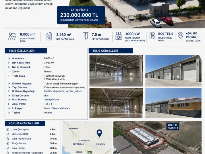 8 dönüm arsa içinde 4000 m2 kapalı alan satılık fabrika